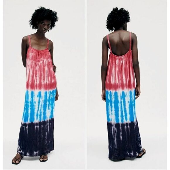 Women ZARA TIE DYE BLOGGERS FAV MAXI Slip DRESS Small Red Blue Beach - Picture 2 of 9